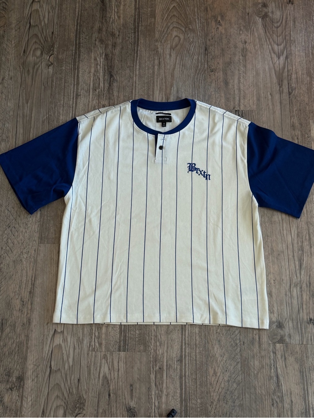 Brixton White Pinstripe Henley with Navy Sleeves